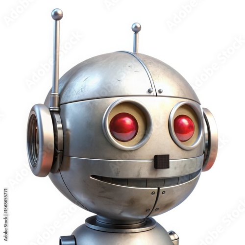 Retro robot head closeup isolated on white background