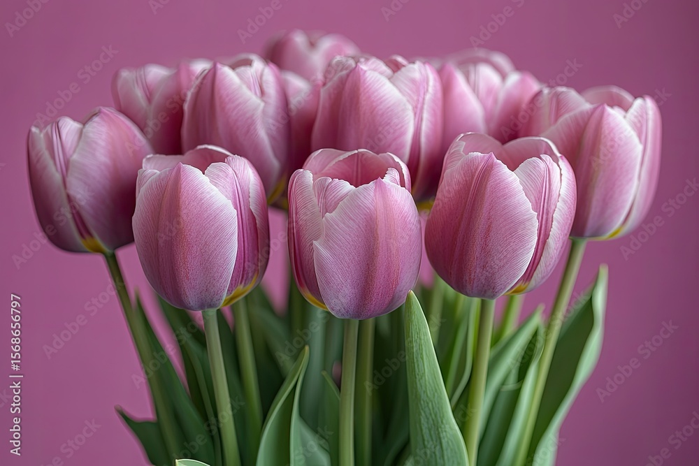 Obraz premium Beautiful pink tulips, blooming with grace, stand out against the solid pink background. It's perfect for Valentine's, Mother's Day, or adding a touch of spring.