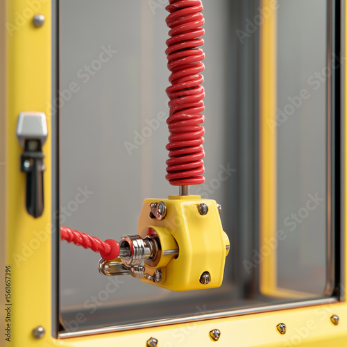 Closeup of a claw crane machine with a red coil cable and yellow body on a gray background. Concept of arcade game. 3D