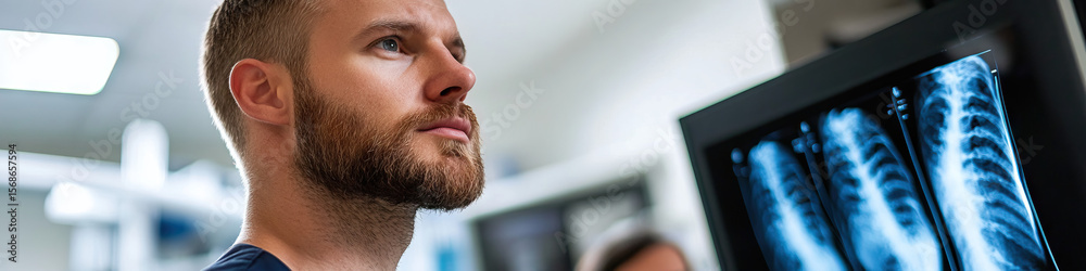 Fototapeta premium Man Reviewing Chest X-Ray on Monitor