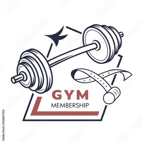 Barbell and measuring tape gym membership logo weights fitness