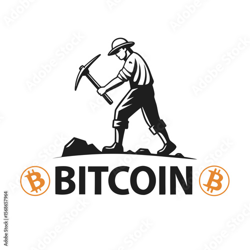 Bitcoin miner with pickaxe and bitcoin symbol cryptocurrency mining