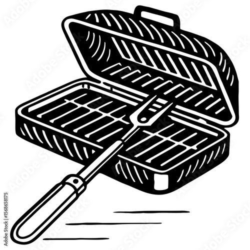 Black grill with fork on white background barbecue cooking