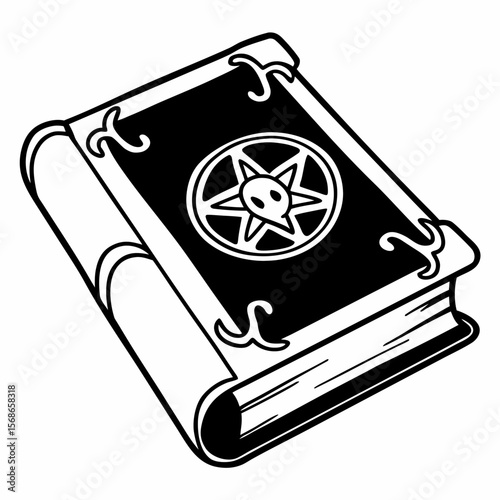 Black spellbook with occult symbol on white background magic