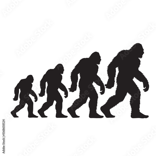 Silhouette of bigfoot evolution from ape like creature to modern day sasquatch walking