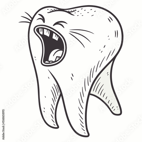Cartoon tooth with open mouth and roots dental drawing