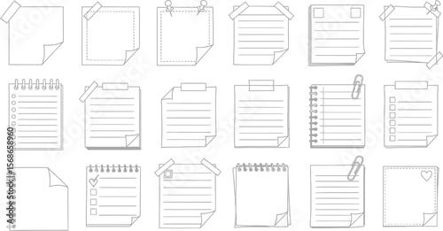 Collection of hand drawn doodle style sticky notes and paper sheets with tape and clips