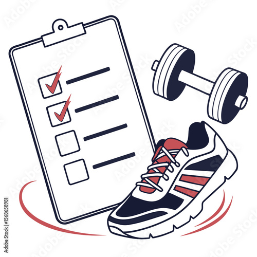 Checklist dumbbell and athletic shoe with red accents workout fitness