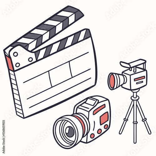 Clapperboard and cameras on tripod film movie
