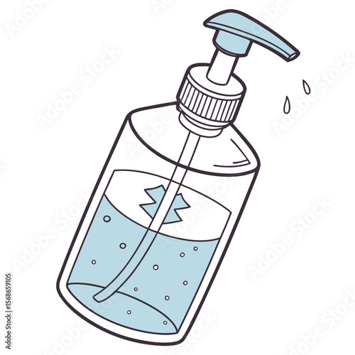 Clear bottle dispenser with blue liquid and droplets hand sanitizer