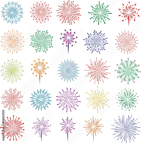 Collection of colorful abstract fireworks explosions on a white background