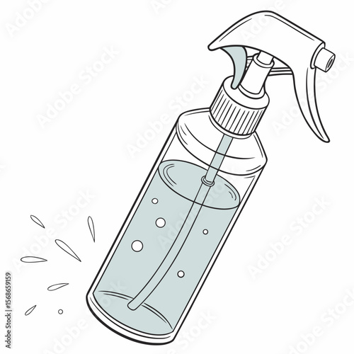 Clear spray bottle with light blue liquid and droplets vector