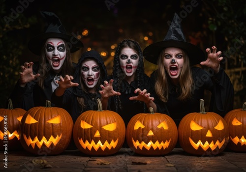 Spooky Halloween scene with women in scary makeup and carved pumpkins ready for the holiday.