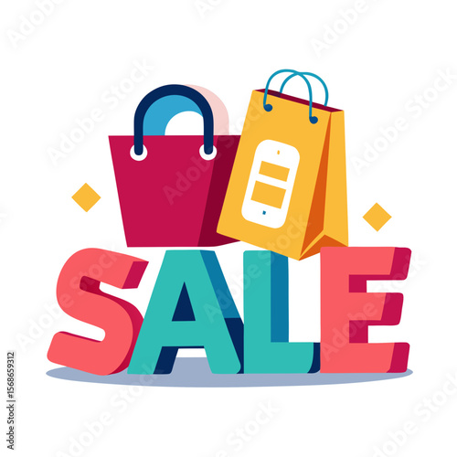 Colorful shopping bags and sale text retail discount