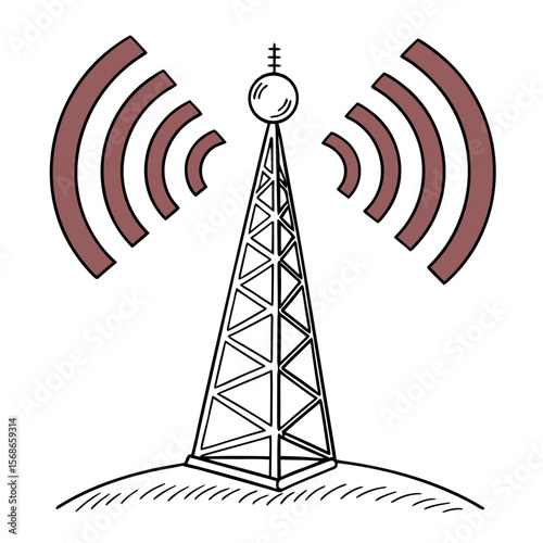 Communication tower with radiating signals broadcast transmission