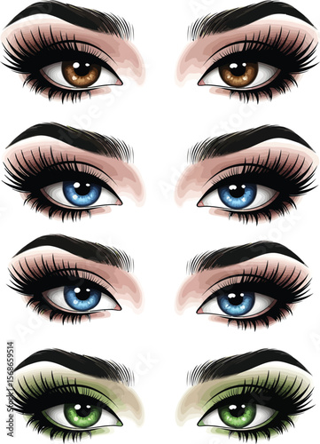 Collection of four pairs of beautifully made up eyes with different eye colors