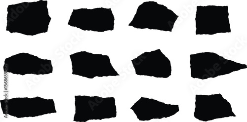 Collection of twelve torn black paper pieces with white edges on a white background