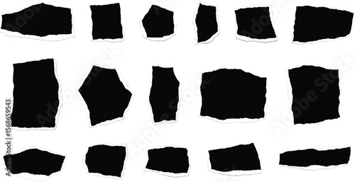 Collection of torn black paper pieces with white ripped edges on a white background