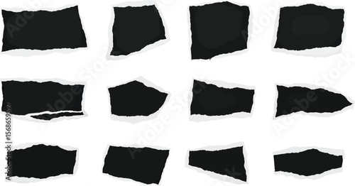 Collection of twelve black torn paper pieces with rough edges on white background