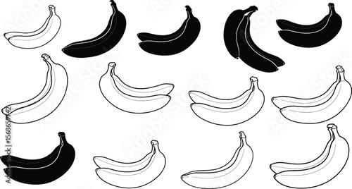 Collection of black and white banana illustrations in various arrangements and styles