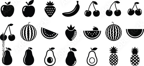 Collection of simple black fruit icons on a white background