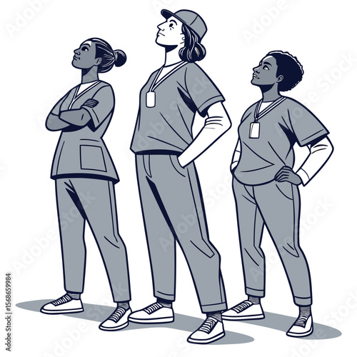 Diverse medical professionals looking up with pride medical team healthcare workers
