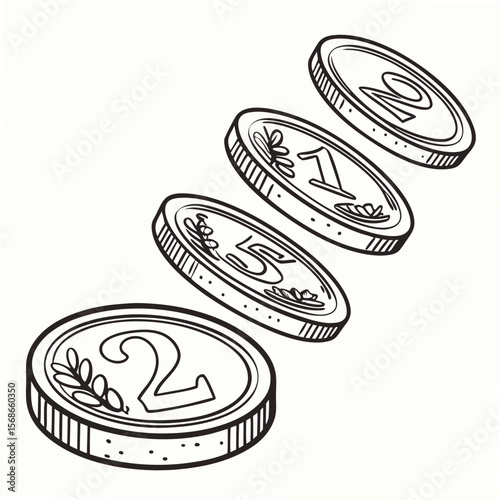 Falling coins with numbers and leaves money currency