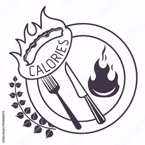 Food calories with flames and cutlery fork