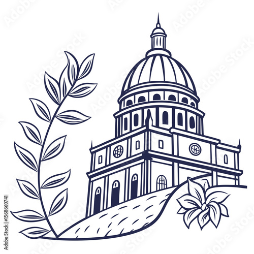 Grand building with dome and floral branch architecture classical