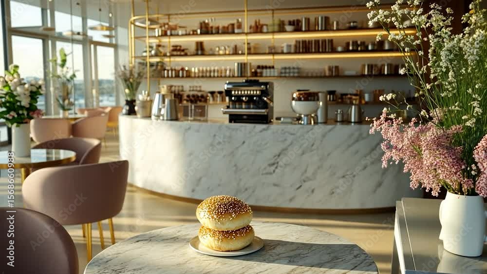 Modern cafe interior with marble counter and pastries