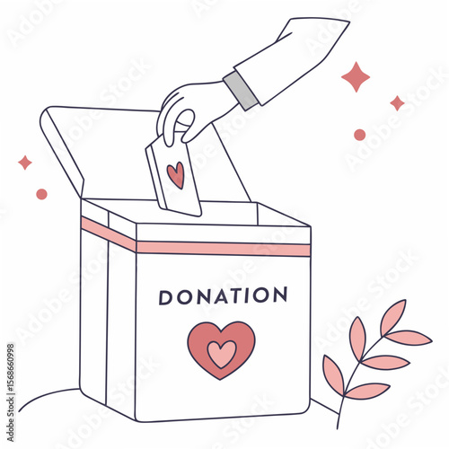 Hand dropping heart card into donation box charity giving