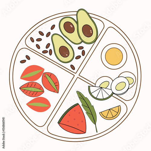 Healthy food plate with avocado eggs watermelon lime and seeds meal