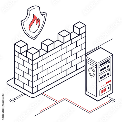 Isometric firewall protection shield and server flame network