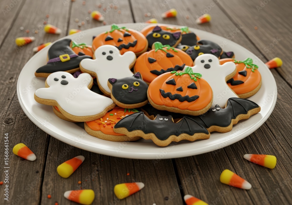 Delicious halloween cookies in various spooky shapes and designs are arranged on a plate. Delicious halloween cookies in various spooky shapes and designs are arranged on a plate.