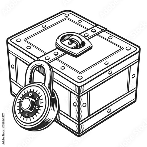 Locked treasure chest with padlock secured vintage