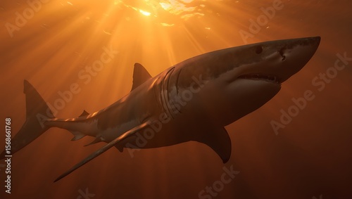 Majestic Great White Shark Ocean Predator in Golden Sunlight