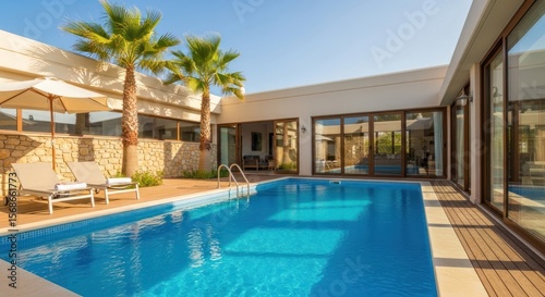 Wallpaper Mural Sunny outdoor swimming pool area of a modern villa with palm trees and lounge chairs. Torontodigital.ca