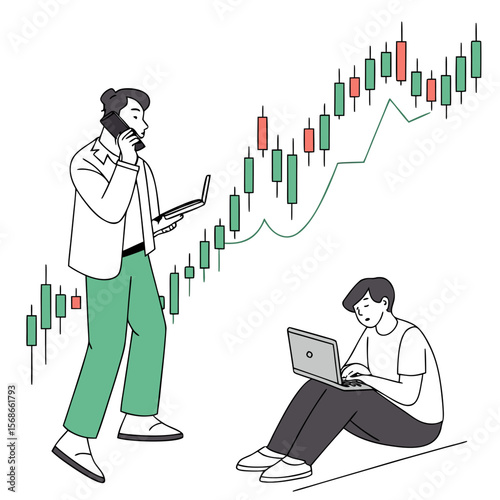 Men analyzing stock market graph on white background trading finance