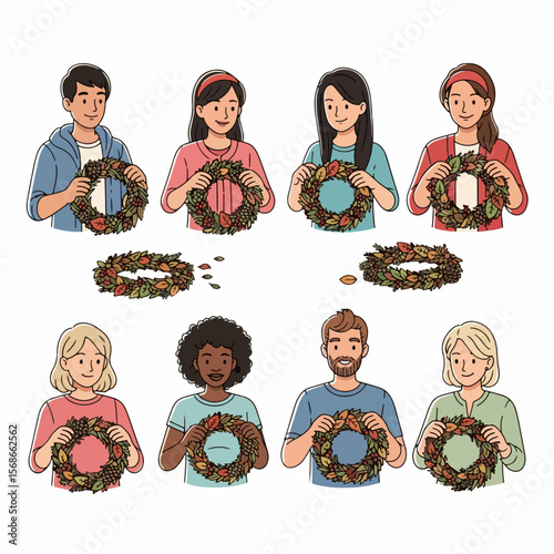 People crafting autumn wreaths, fall decorations, seasonal activity
