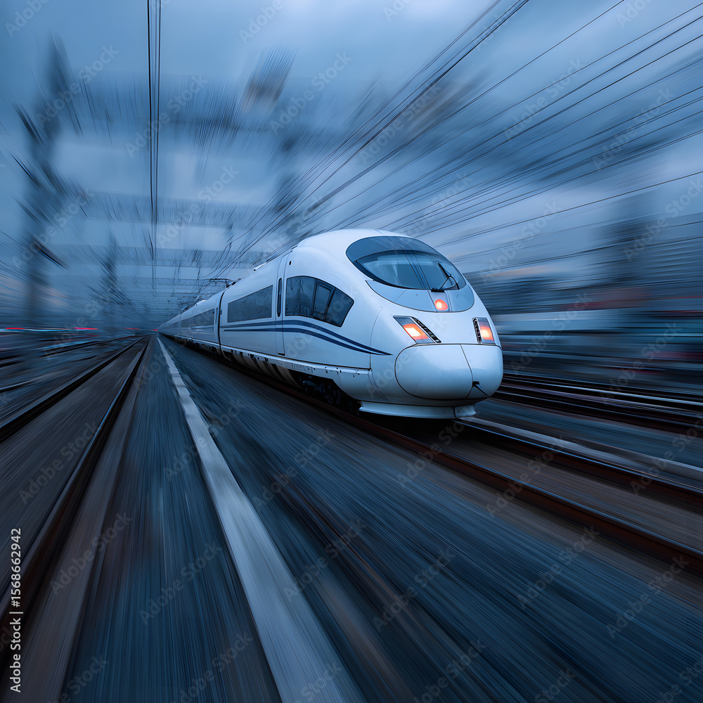 Fototapeta premium Modern train at high speed with among urban landscape., High speed bullet train speeding with urban landscape.