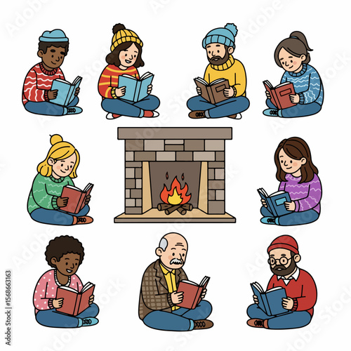People reading books near cozy fireplace winter scene