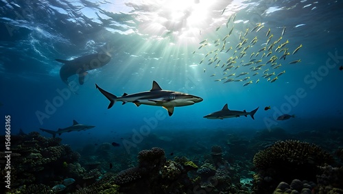 Ocean's Majesty Sharks, Sunlight, and Underwater Wonders