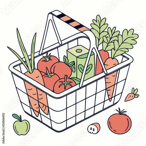 Shopping basket filled with fresh produce and juice groceries fresh food