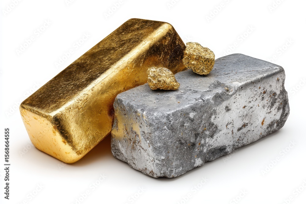Gold and platinum from the mine set against a white background Gold and platinum from the mine set against a white background