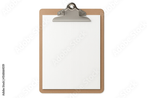 Blank white paper clipboard resting on transparent surface, ready for professional documentation or note-taking purposes