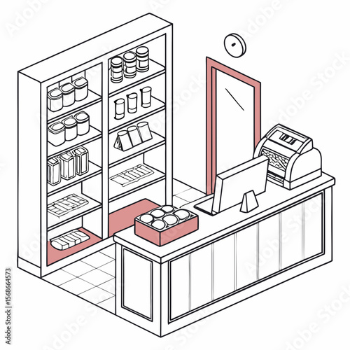 Store counter with shelves and cash register computer