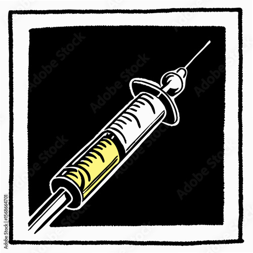 Syringe with yellow liquid on white background medical injection