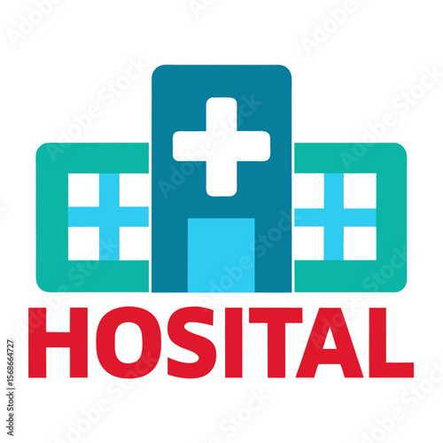 Teal and blue hospital building with white cross and red text medical healthcare