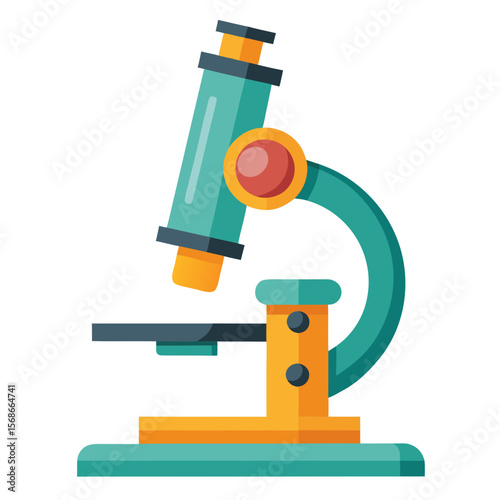 Teal and orange microscope with red lens scientific instrument laboratory equipment