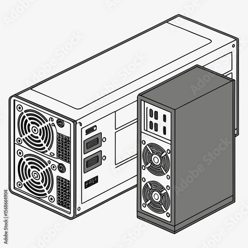 Two computer towers with fans and ports server hardware
